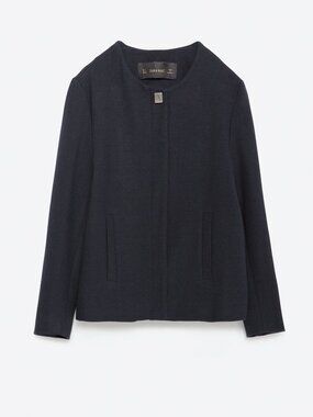 Zara Basics Navy Collarless Cropped Jacket Minimalist Swing L